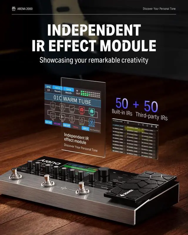 Alt view image 5 of 7 - Arena 2000 Guitar Multi-Effects Pedal with 278 Effects, 100 IRs, Looper, Drum Machine, Amp Modeling, XLR and MIDI Support