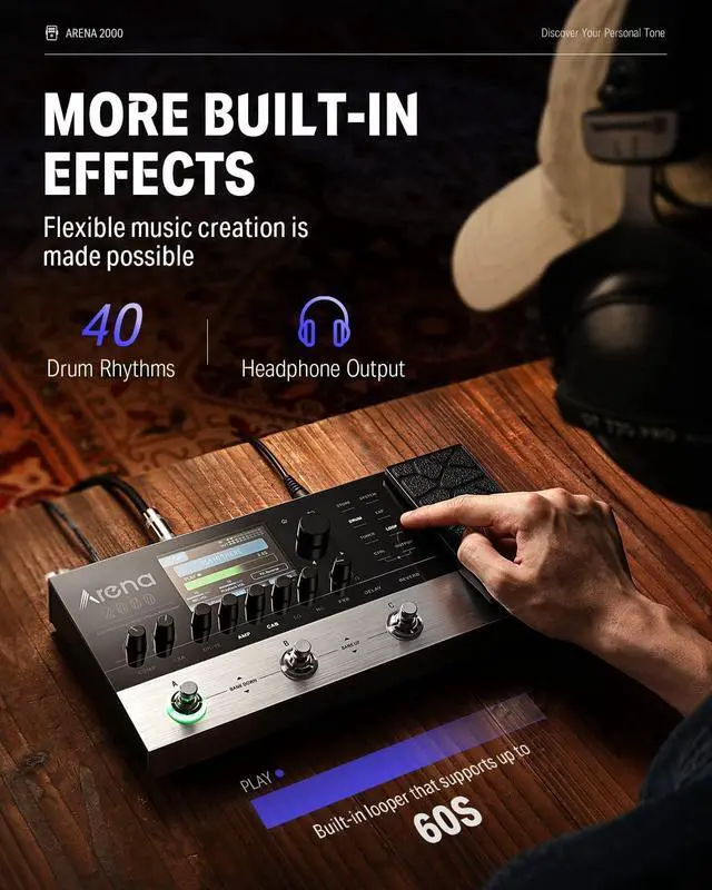 Alt view image 6 of 7 - Arena 2000 Guitar Multi-Effects Pedal with 278 Effects, 100 IRs, Looper, Drum Machine, Amp Modeling, XLR and MIDI Support