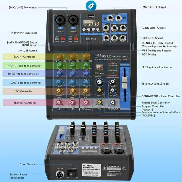 Alt view image 2 of 7 - Professional Audio Mixer Sound Board Console System- Interface 4 Channel Digital USB Bluetooth MP3 Computer Input 48V Phantom Power Stereo DJ Studio Streaming FX 16-Bit DSP Processor- PMXU43BT.5