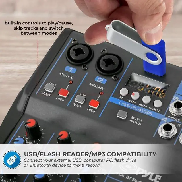 Alt view image 6 of 7 - Professional Audio Mixer Sound Board Console System- Interface 4 Channel Digital USB Bluetooth MP3 Computer Input 48V Phantom Power Stereo DJ Studio Streaming FX 16-Bit DSP Processor- PMXU43BT.5