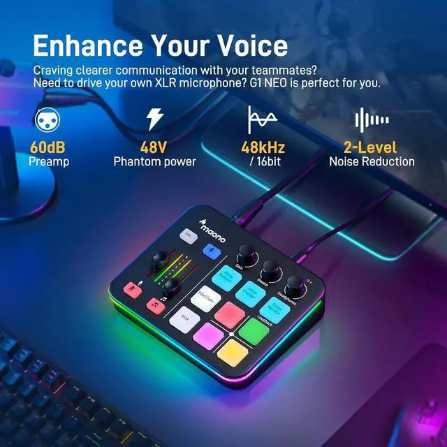 Alt view image 3 of 7 - Gaming Audio Mixer, Audio Interface with Pro-preamp, RGB, Bluetooth, 48V Phantom Power for Live Streaming, Podcasting, Content Create, Gaming MaonoCaster G1 NEO (BLACK)