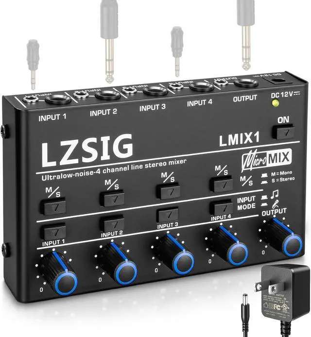 Main image of Mini Audio Mixer,Stereo Line Mixer for Sub-Mixing,Ultra Low-Noise,4-Channel,Microphone Independent Control, 1/4" & 1/8" TRS Output and Input, for Guitars,Bass,Keyboards or Stage Mixer Extension