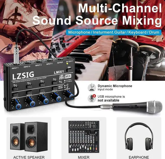 Alt view image 2 of 7 - Mini Audio Mixer,Stereo Line Mixer for Sub-Mixing,Ultra Low-Noise,4-Channel,Microphone Independent Control, 1/4" & 1/8" TRS Output and Input, for Guitars,Bass,Keyboards or Stage Mixer Extension