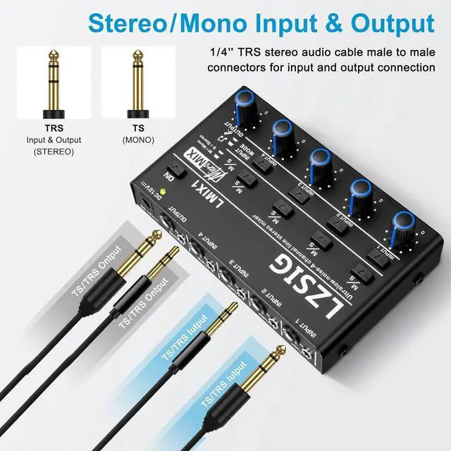 Alt view image 4 of 7 - Mini Audio Mixer,Stereo Line Mixer for Sub-Mixing,Ultra Low-Noise,4-Channel,Microphone Independent Control, 1/4" & 1/8" TRS Output and Input, for Guitars,Bass,Keyboards or Stage Mixer Extension
