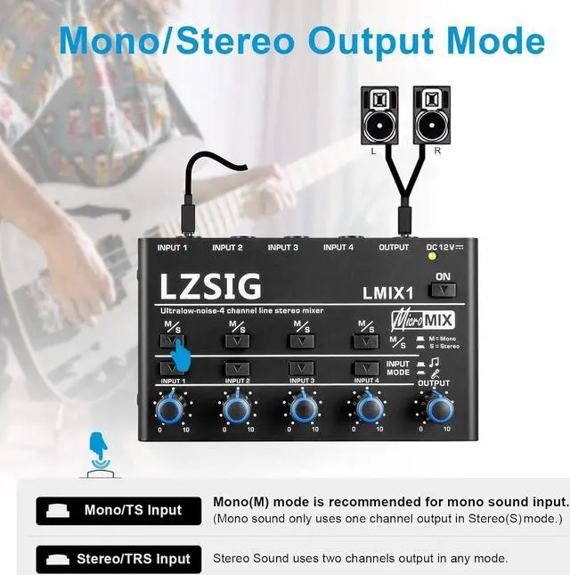 Alt view image 5 of 7 - Mini Audio Mixer,Stereo Line Mixer for Sub-Mixing,Ultra Low-Noise,4-Channel,Microphone Independent Control, 1/4" & 1/8" TRS Output and Input, for Guitars,Bass,Keyboards or Stage Mixer Extension