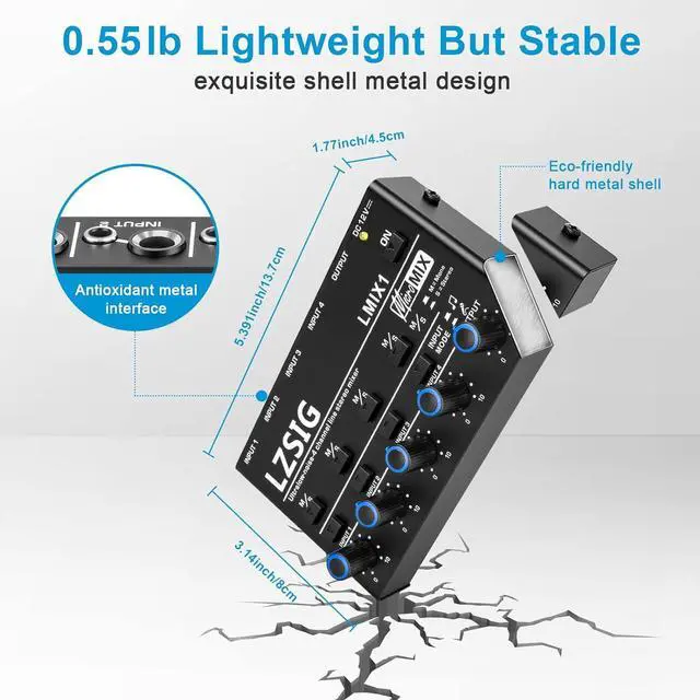 Alt view image 6 of 7 - Mini Audio Mixer,Stereo Line Mixer for Sub-Mixing,Ultra Low-Noise,4-Channel,Microphone Independent Control, 1/4" & 1/8" TRS Output and Input, for Guitars,Bass,Keyboards or Stage Mixer Extension