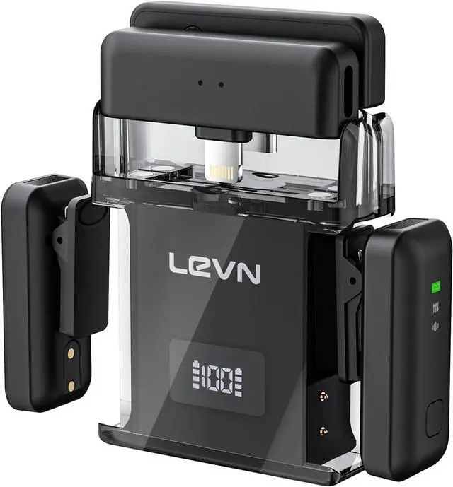 Main image of LEVN Wireless Lavalier Microphone, Microphone for iPhone (2 TX + 2 RX + Charging Case), Mini Mic with Noise Cancellation, 20H Battery, 200ft, Wireless Microphone for iPhone 15/14/13/12, Android, PC