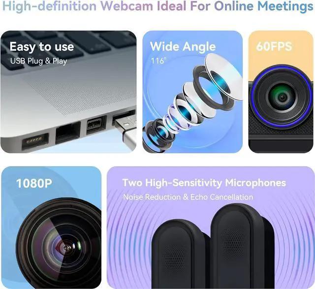 Alt view image 2 of 7 - Tenveo 1080P 60FPS Webcam with Microphone and Speaker, All-in-One Video Audio Conference Camera Autofocus 116° for Video Conferencing Gaming Meeting Live Streaming Works with Zoom OBS YouTube