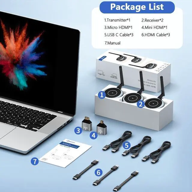 Alt view image 6 of 7 - Wireless HDMI Transmitter and 2 Receivers - Up to 8 Receivers, Plug and Play, 5.8G HDMI Wireless Extender for PC, Laptop, Camera, Cable Box to Multiple TVs, Monitors, Projectors - 165FT/50M