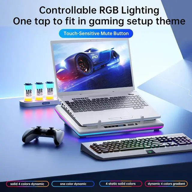 Alt view image 3 of 5 - RGB Laptop Cooling Pad, White, Powerful Turbofan, Quiet Cooling, Touch Control, LCD Screen, Seal Foam, 15-19in Laptops