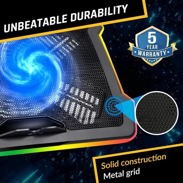 Alt view image 7 of 7 - RGB Laptop Cooling Pad with LED Rim - New 2024 - Gaming Laptop Cooler - USB Powered Fan - Very Stable and Silent Laptop Stand - Compatible up to 17" - PC Mac PS5 PS4 Xbox One