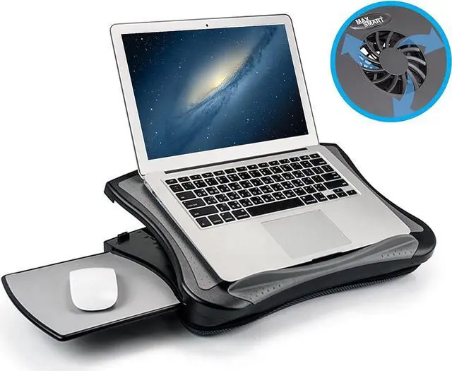 Main image of MAX SMART Laptop Lap Pad Laptop Stand with Attached Mouse Pad, Cushion and USB Cooling Fan, Non-Slip Heat Shield Tablet Computer Stand for Sturdy Work Station for Home, Office, Bed Sofa, Couch and Car