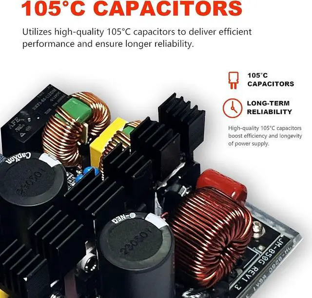 Alt view image 3 of 7 - 850 Watt Power Supply 80 Plus Gold - Silent 12cm RGB Fan, Full Modular, Active PFC, 105°C Capacitor - High-Performance 850W PSU for Gaming & ATX Case Computers, 5 Year Warranty