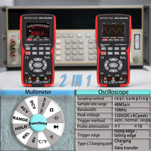 Alt view image 2 of 7 - ZT-702S 2 in 1 Handheld Digital Automotive Oscilloscope Multimeter, Diode Tester,multimeter auto rangin48MSa/s High Sampling RateAmp Ohm Volt Meter TesterVoltage/Current Test