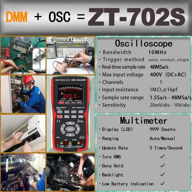 Alt view image 3 of 7 - ZT-702S 2 in 1 Handheld Digital Automotive Oscilloscope Multimeter, Diode Tester,multimeter auto rangin48MSa/s High Sampling RateAmp Ohm Volt Meter TesterVoltage/Current Test