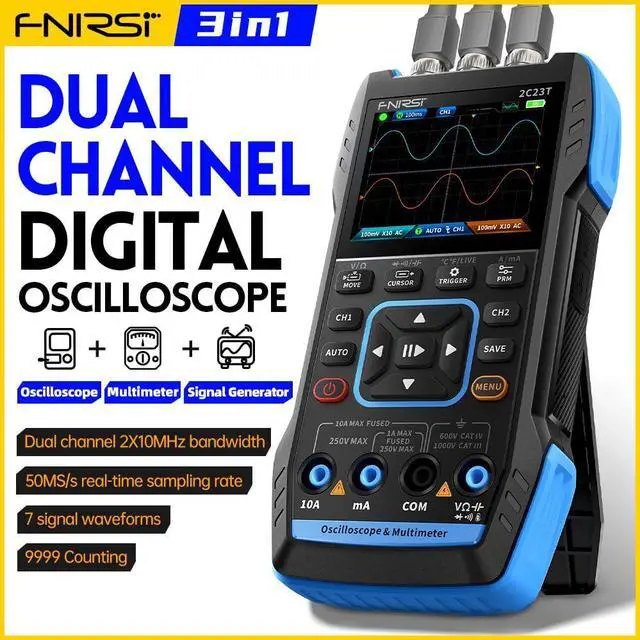 Alt view image 2 of 6 - 2C23T 3 in 1 Handheld Oscilloscope Multimeter DDS Generator, 2 Channels, 10MHz Bandwidth, 50MSa/s Sampling Rate, 10000 Counts, Voltage, Current, Capacitor, Resistor, Diode Test
