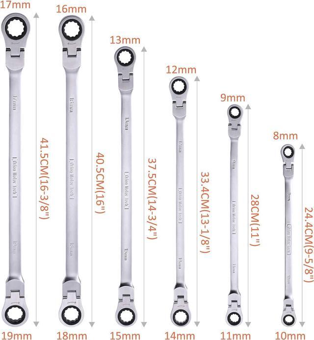 Alt view image 4 of 7 - Motor Tech 6-Piece Metric 8mm - 19mm Extra Long Gear Ratcheting Wrench Set XL Extended Handle with Flex Head, 8mm 9mm 10mm 11mm 12mm 13mm 14mm 15mm 16mm 17mm 18mm 19mm - 6pcs & 12 Sizes