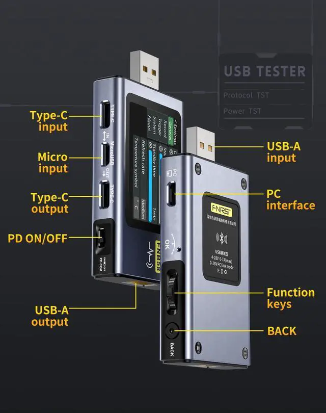 Alt view image 3 of 6 - USB Tester with Bluetooth, USB Power Multimeter 4-28V 7A LCD USB A&C Voltage Current Power Tester Fast Charge Detection Capacity Measurement, PD2.0/PD3.0,QC2.0/QC3.0