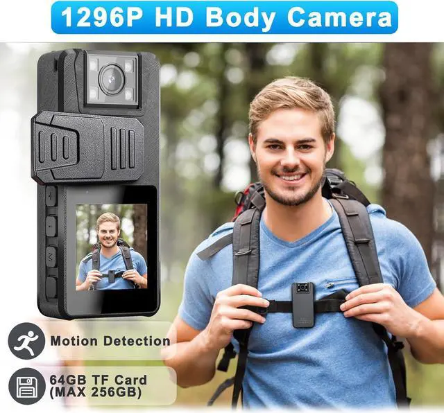 Alt view image 2 of 7 - 64GB Body Camera 1296P, 3000mAh Camcorder with IR Night Vision, 180° Rotatable Lens and 2 Sturdy Clips, Body Cam with Video Recording for Police Cycle Delivery Home