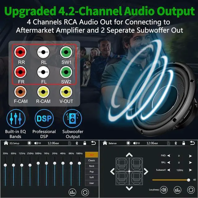 Alt view image 4 of 7 - Double Din Car Radio with Wireless  CarPlay and Android Auto, Bluetooth, 4.2-Channel Audio Output, MirrorLink, 7'' HD QLED Touchscreen, Dash Cam, Backup Camera, AM/FM Car Stereo