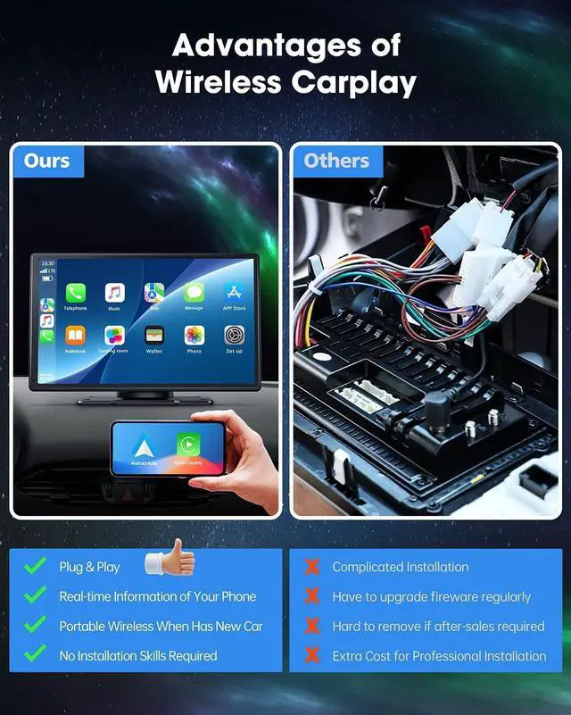 Alt view image 6 of 7 - 9 Inch Wireless Car Stereo with  Carplay & Android Auto,Portable Touch Screen GPS Navigation for Car,Car Audio Receivers with Bluetooth,Airplay,AUX,Screen for All Vehicles