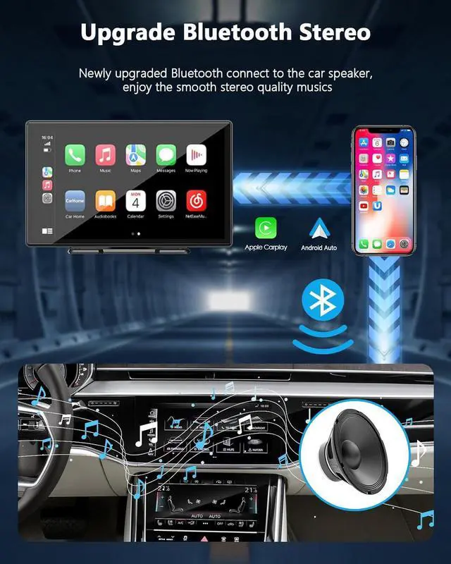 Alt view image 3 of 7 - 9 Inch Wireless Car Stereo with  Carplay & Android Auto,Portable Touch Screen GPS Navigation for Car,Car Audio Receivers with Bluetooth,Airplay,AUX,Screen for All Vehicles