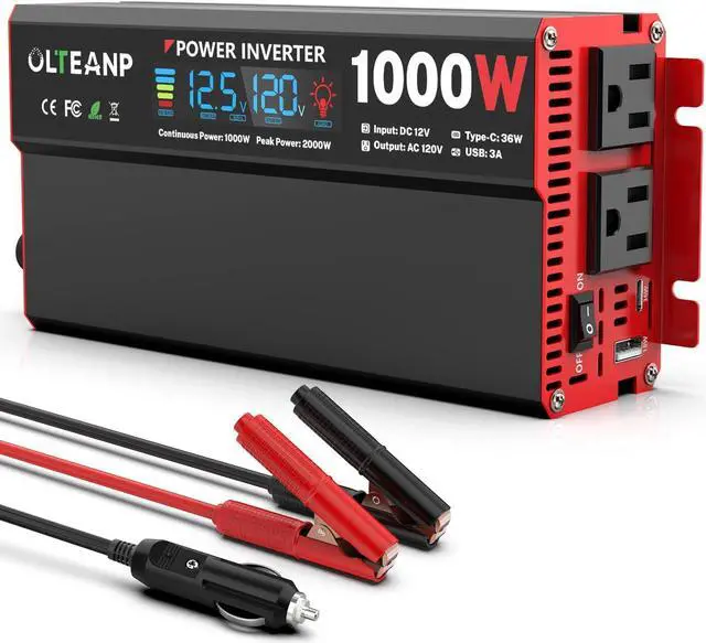 Main image of 1000 Watt Power Inverter 12V DC to 110V/120V AC Car Inverter with LCD Screen Display, 2 AC Outlets, 36W Type-C Port, 5V/3A USB Port, Car Power Converter for Truck, Home, Vehicles, Laptop, Trip