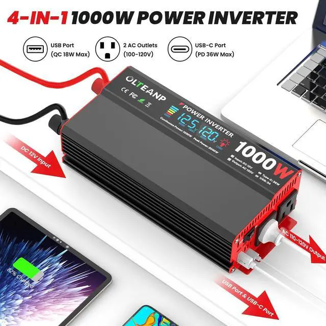 Alt view image 2 of 7 - 1000 Watt Power Inverter 12V DC to 110V/120V AC Car Inverter with LCD Screen Display, 2 AC Outlets, 36W Type-C Port, 5V/3A USB Port, Car Power Converter for Truck, Home, Vehicles, Laptop, Trip