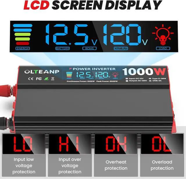 Alt view image 3 of 7 - 1000 Watt Power Inverter 12V DC to 110V/120V AC Car Inverter with LCD Screen Display, 2 AC Outlets, 36W Type-C Port, 5V/3A USB Port, Car Power Converter for Truck, Home, Vehicles, Laptop, Trip