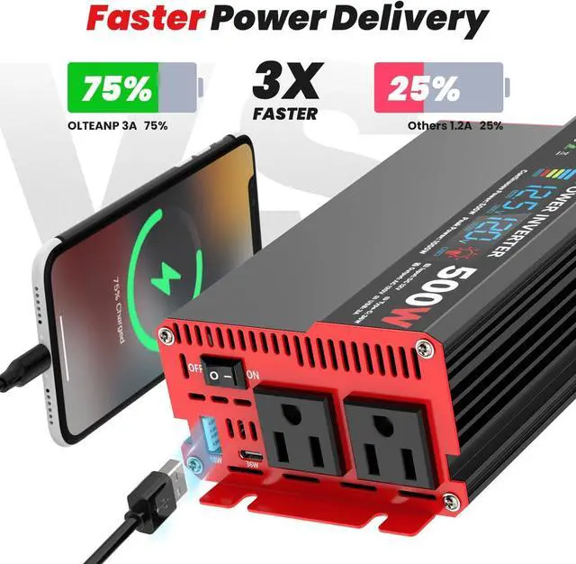 Alt view image 4 of 7 - 1000 Watt Power Inverter 12V DC to 110V/120V AC Car Inverter with LCD Screen Display, 2 AC Outlets, 36W Type-C Port, 5V/3A USB Port, Car Power Converter for Truck, Home, Vehicles, Laptop, Trip