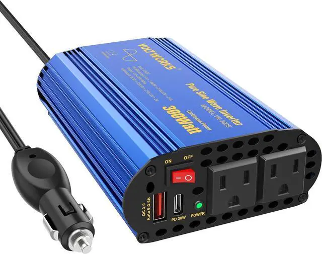 Main image of 300W Pure Sine Wave Power Inverter for Car Truck RV Adapter DC 12V to AC 110V 120V with USB-C PD30W and QC3.0 USB-A and 2 AC Outlets Compatible with Lithium Battery by VOLTWORKS