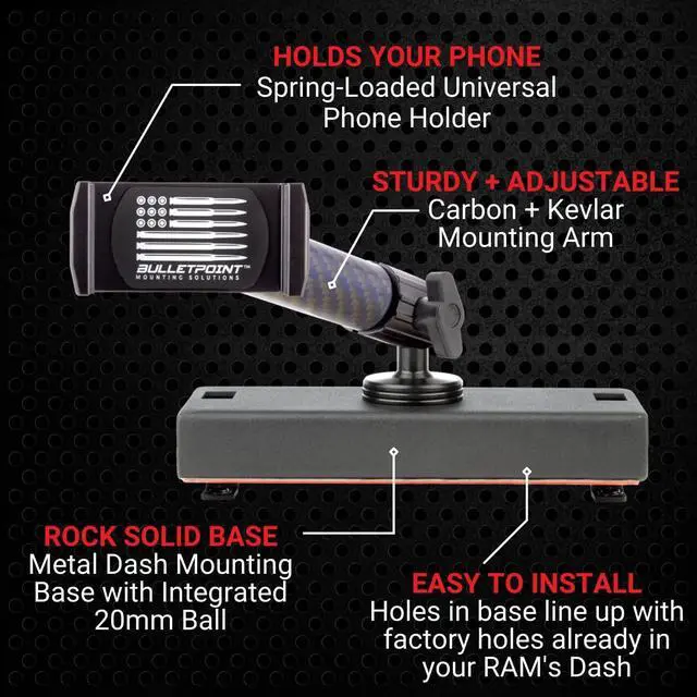 Alt view image 3 of 7 - Dash Cell Phone Holder for RAM Truck (2019+ 1500, 2500, 3500 and TRX) with 20mm Single Ball Mount - Compatible with iPhone and Android Smartphones
