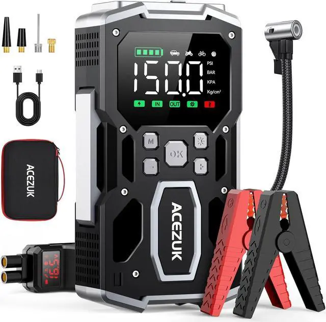 Main image of Portable Car Jump Starter with Air Compressor, ACEZUK 150PSI 5000A Jump Starter (All Gas/10.0L Diesel), 12V Car Battery Jump Box Car Battery Jumper Starter with 3.4" LCD Display, 2 Lights