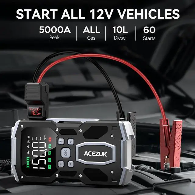 Alt view image 2 of 7 - Portable Car Jump Starter with Air Compressor, ACEZUK 150PSI 5000A Jump Starter (All Gas/10.0L Diesel), 12V Car Battery Jump Box Car Battery Jumper Starter with 3.4" LCD Display, 2 Lights