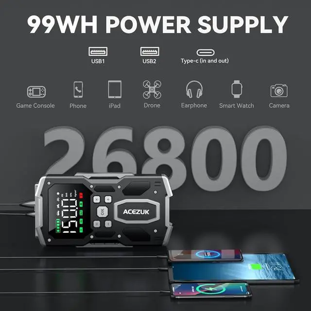 Alt view image 3 of 7 - Portable Car Jump Starter with Air Compressor, ACEZUK 150PSI 5000A Jump Starter (All Gas/10.0L Diesel), 12V Car Battery Jump Box Car Battery Jumper Starter with 3.4" LCD Display, 2 Lights