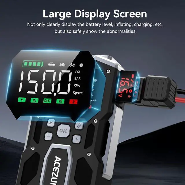 Alt view image 4 of 7 - Portable Car Jump Starter with Air Compressor, ACEZUK 150PSI 5000A Jump Starter (All Gas/10.0L Diesel), 12V Car Battery Jump Box Car Battery Jumper Starter with 3.4" LCD Display, 2 Lights