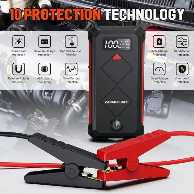 Alt view image 4 of 7 - P100 Car Jump Starter, 5000A Peak Lithium Jump Starter Battery Pack for Up to 10.0L Gas or 8.0L Diesel Engine, Safe 12V Portable Battery Starter Power Pack with LED Screen & LED Light