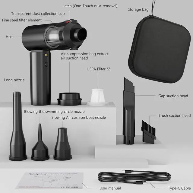 Alt view image 6 of 7 - Vac V2 Portable Air Blower/Car Vacuum 90°Foldable 3in1 Handheld Vacuums Cleaner Brushless Motor High Power 16000PA Compressed Air Dusters Cordless Vacuum Cleaners for Car Home