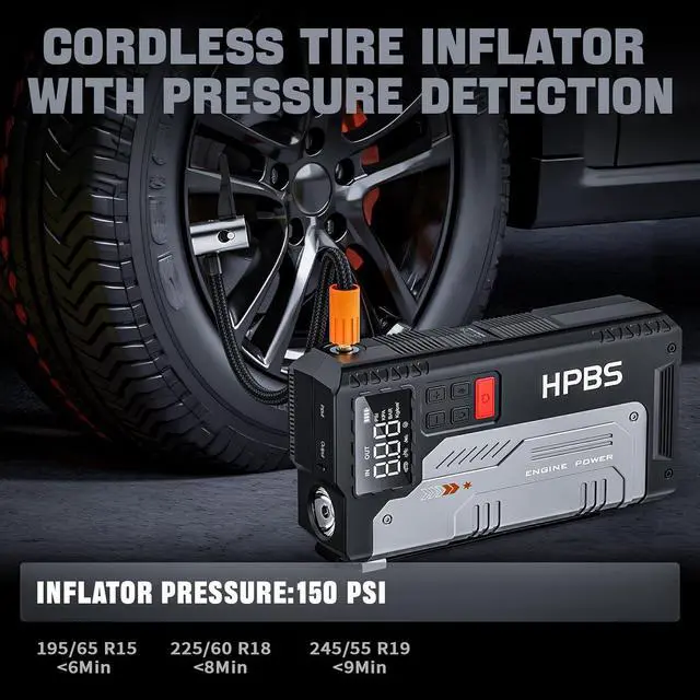 Alt view image 3 of 7 - Jump Starter with Air Compressor - 5000A Portable Car Jump Starter with 150 PSI Tire Inflator for Up to 10.0L Gas and 8.0L Diesel Engines, 12V Jump Starter Box with LCD Display