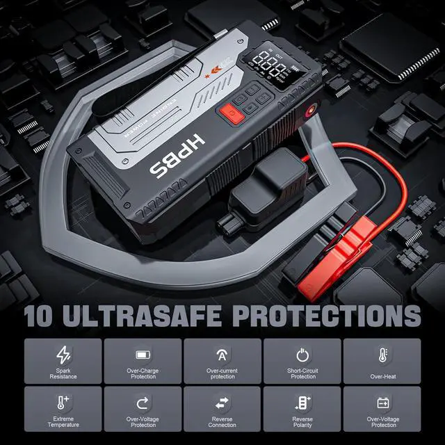 Alt view image 4 of 7 - Jump Starter with Air Compressor - 5000A Portable Car Jump Starter with 150 PSI Tire Inflator for Up to 10.0L Gas and 8.0L Diesel Engines, 12V Jump Starter Box with LCD Display