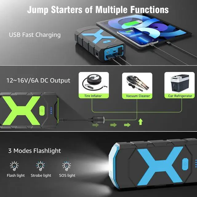 Alt view image 4 of 7 - Portable Car Jump Starter with Air Compressor, 3000A 150PSI Jumpe Starter Battery Pack, 12V Car Battery Booster Jump Box with USB 3.0 Display Screen LED Light and 4 Pumping Modes