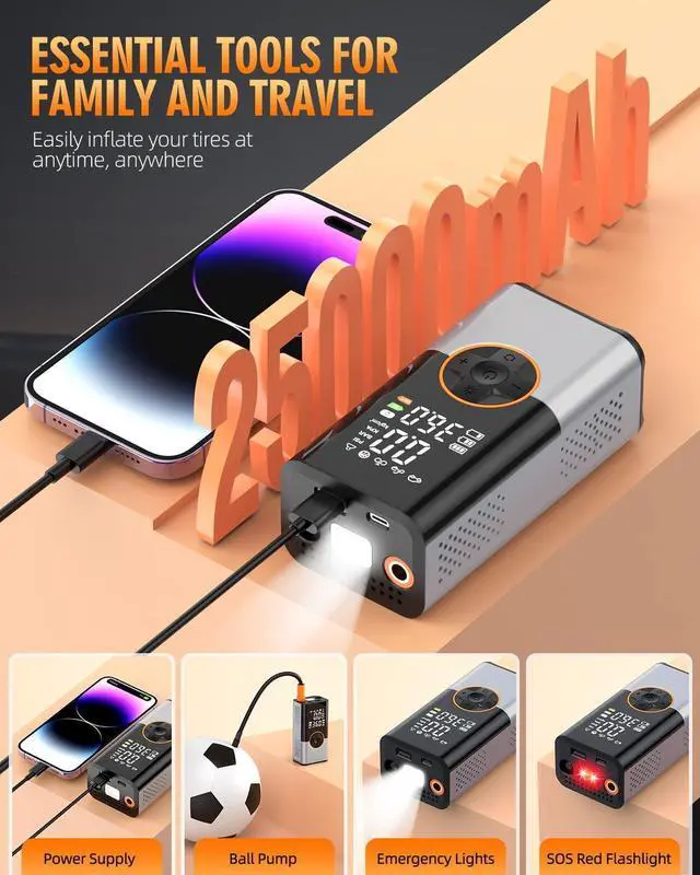 Alt view image 6 of 7 - Tire Inflator Portable Air Compressor, 150PSI & 2X Faster Air Compressor with Digital Pressure Gauge, Portable Air Pump for Car, Motorcycle, Bicycle and Ball