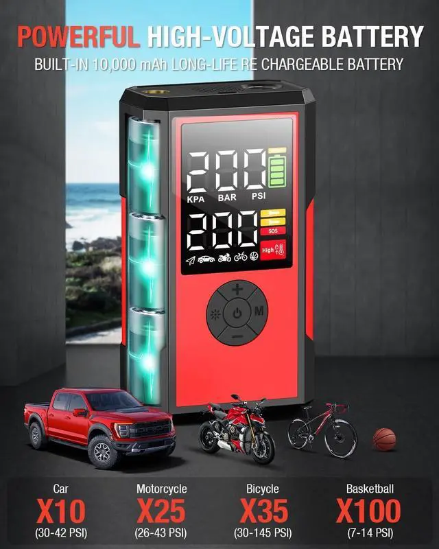 Alt view image 3 of 7 - Tire Inflator Portable Air Compressor, 200PSI 2X Faster Inflation Cordless Air Pump, Portable Electric Smart Auto Air Pump for Car Tires with Pressure Gauge Emergency Light, Black