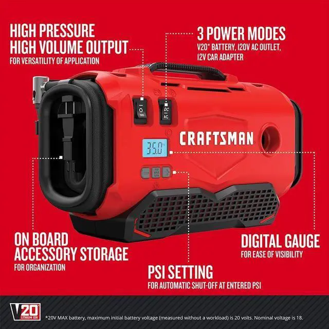 Alt view image 2 of 4 - V20 Tire Inflator, Portable Air Compressor, 3 Modes: Cordless, 120V Corded, and 12V Car Adapter, Air Pump, Battery Sold Separately (CMCE520B)