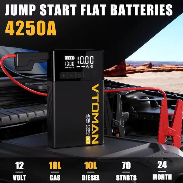 Alt view image 2 of 7 - X7 Jump Starter with Air Compressor, 4250A Portable Car Jumper with 160PSI Digital Tire Inflator,12V Lithium Battery Charger Booster Box with Type-C Quick Charge (Up 10L Gas/10L Diesel Engine)