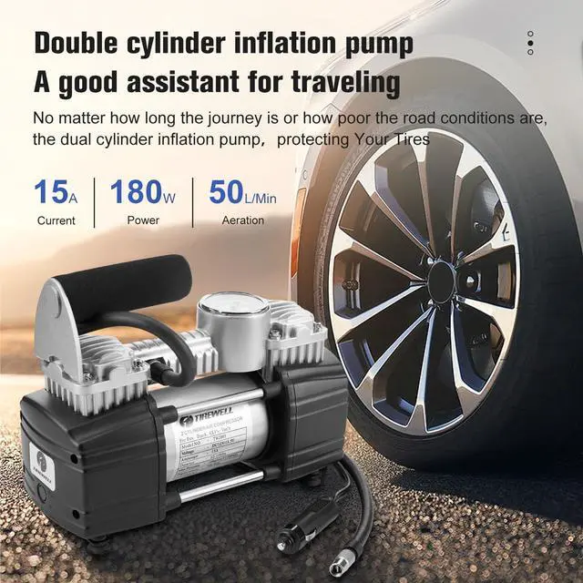 Alt view image 4 of 7 - Tire Inflator Portable Air Compressor, 12V 150PSI Air Pump for Car, SUV, Motorcycle, Bicycle, Tire Inflator with Gauge, Air Car Pump with Battery Clamp and 5M Hose, Twin Cylinder Air Pump