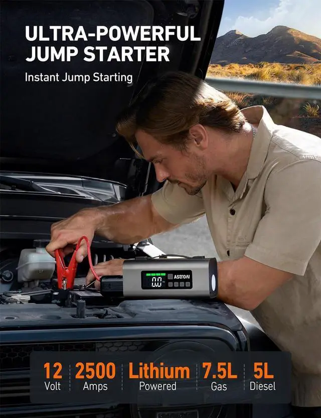 Alt view image 4 of 7 - Portable Jump Starter with Air Compressor 150PSI, 2500A Car Battery Jump Starter Pack Up to 7.5L Gas & 5.0L Diesel Engine, UL Certified, 12V Jump Box Car Battery with LCD Display, Lights
