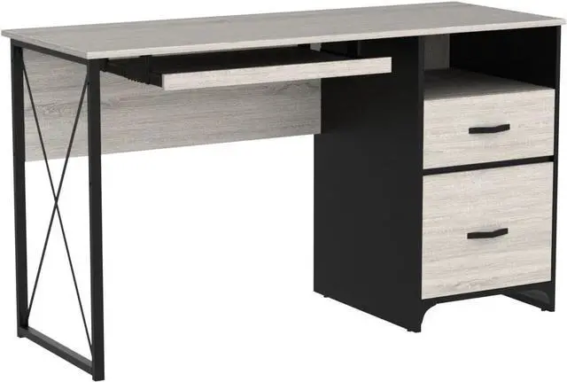 Alt view image 5 of 7 - Desk with Drawers, 55 inch Industrial Computer Desk with Storage, Wood Teacher Desk with Keyboard Tray & File Drawer for Home Office, Wash White