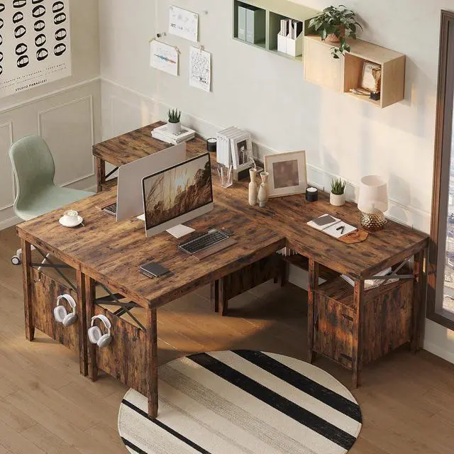 Alt view image 5 of 7 - L Shaped Desk for Home Office, Farmhouse Computer Desk with Storage Cabinet, Office Desk with Bookshelf, 2 Person Computer Desk Up to 82 inch, Corner Desk with Shelves, White Wash 60 Inch
