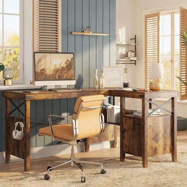 Alt view image 7 of 7 - L Shaped Desk for Home Office, Farmhouse Computer Desk with Storage Cabinet, Office Desk with Bookshelf, 2 Person Computer Desk Up to 82 inch, Corner Desk with Shelves, White Wash 60 Inch